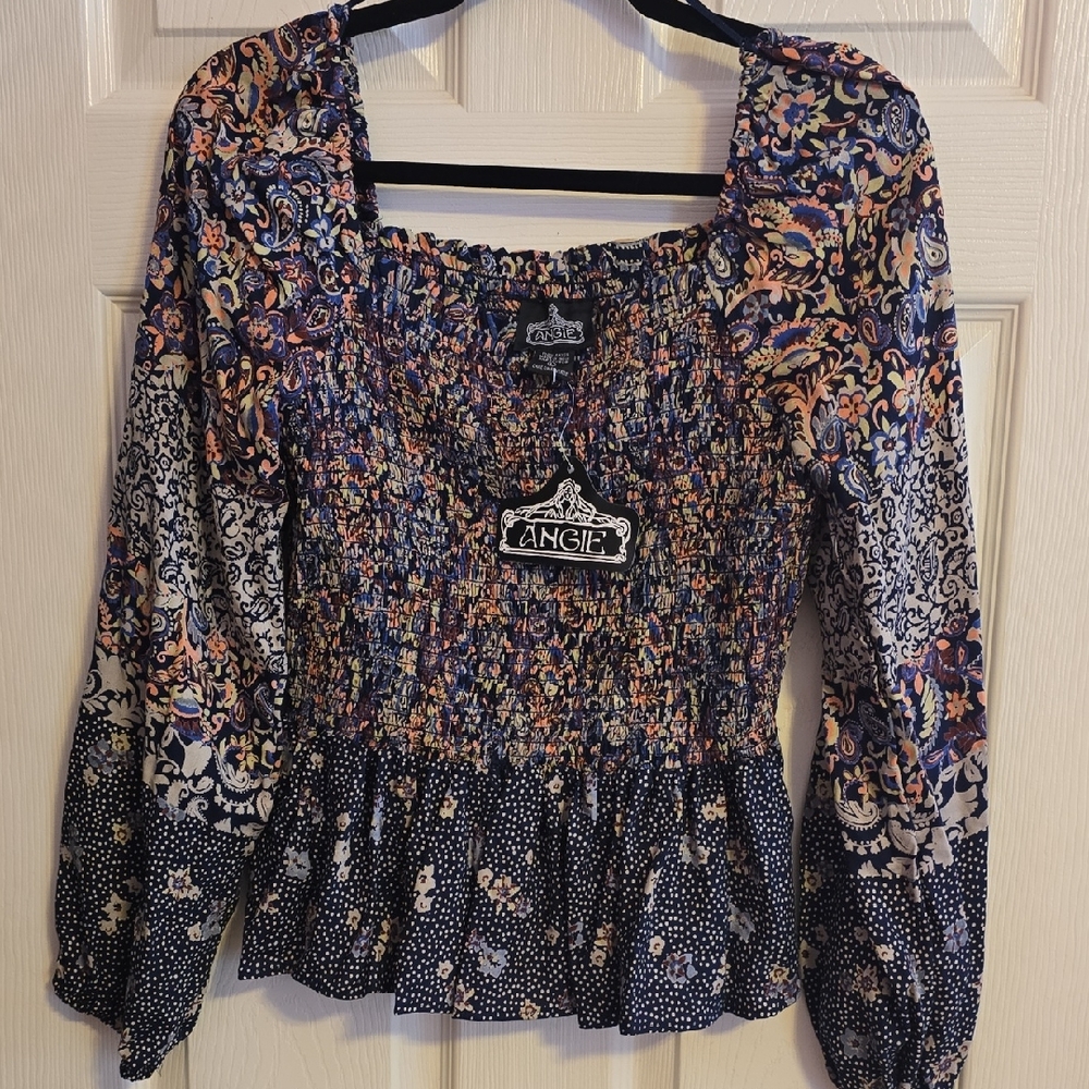 Angie Women's Floral Smocked Blouse - Blue and Orange